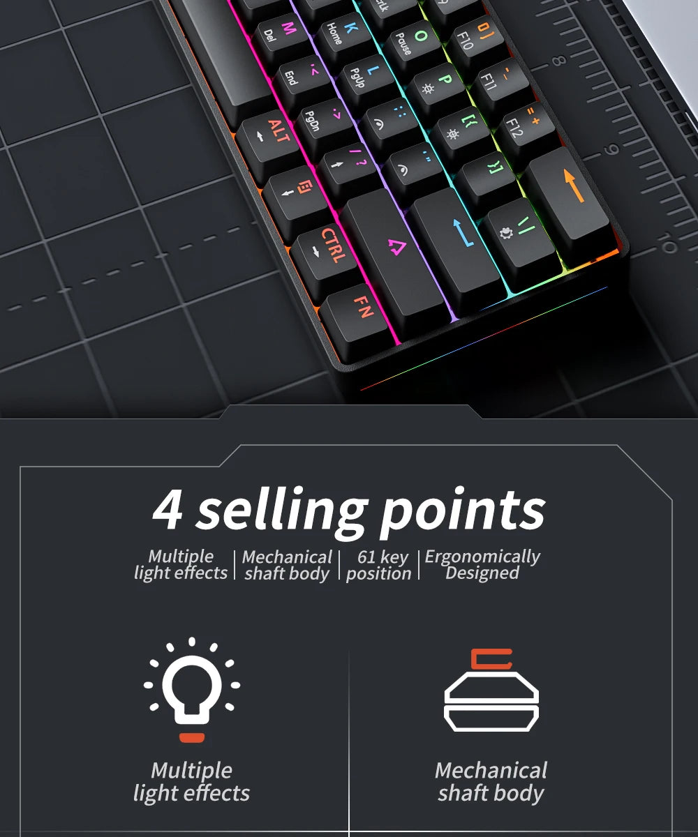 MUCAI MK61 USB Gaming Esports clavier mécanique 61 touches axe rouge filaire câble détachable rétro-éclairage rvb échange à chaud