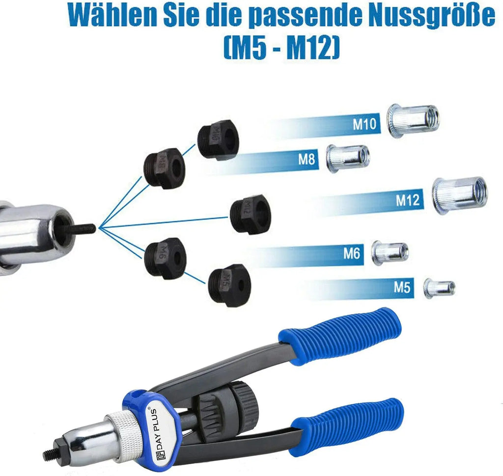 DayPlus-Jeu de Pinces à Écrou à Rivets, Pistolet à Écrous à Riveter RapDuty Hand Rivcirculation, 150 kg en M5, M6, M8, M10, M12