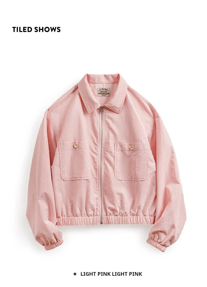 Maden Veste à col de baseball vintage pour femme, courte et décontractée, printemps-automne, légère, tenue quotidienne, rose