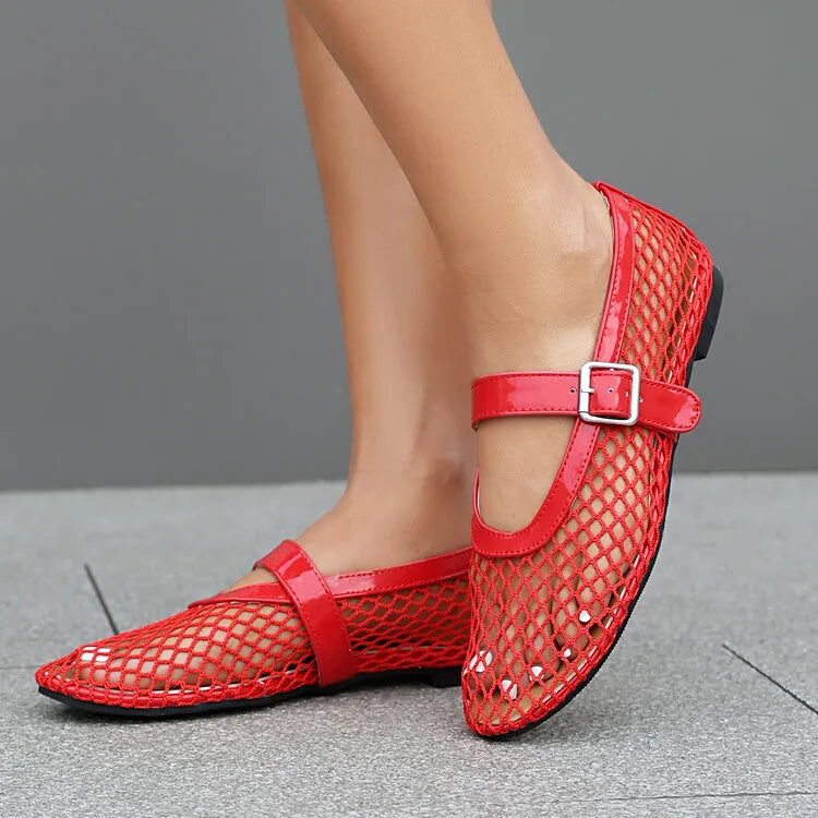 LeShion de Chanmeb marque maille Net ballerines chaussures pour femmes sangle boucle respirant Cool printemps été INS ballerine chaussures 43