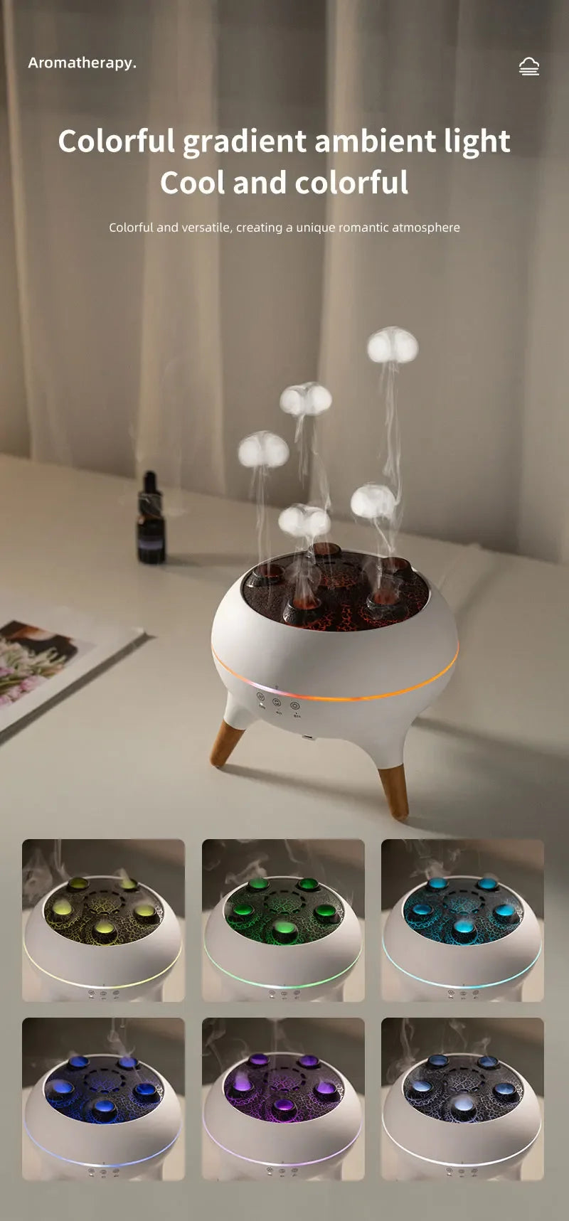 Humidificateur d'air dynamique méduse, diffuseur d'huile essentielle de 250ml, humidificateur de chambre à coucher avec télécommande avec 7 veilleuses colorées