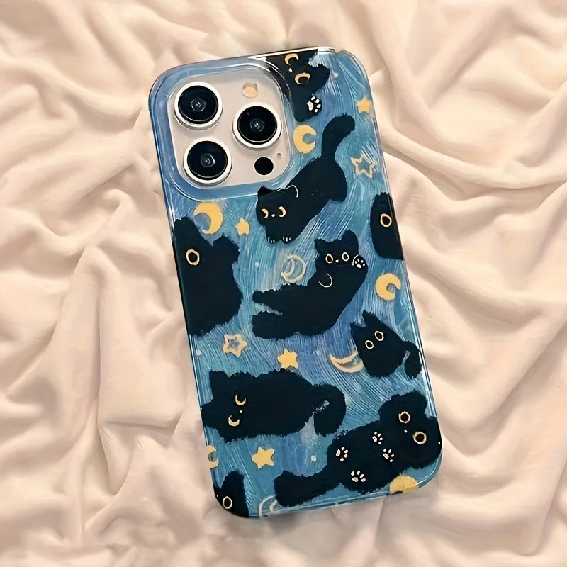 Coque de téléphone pour iPhone 17 Pro Max 16E 16 15 14 13 12 11 XS X XR 7 8 Plus SE2 Air Moon Stars et chats noirs, housse en Silicone