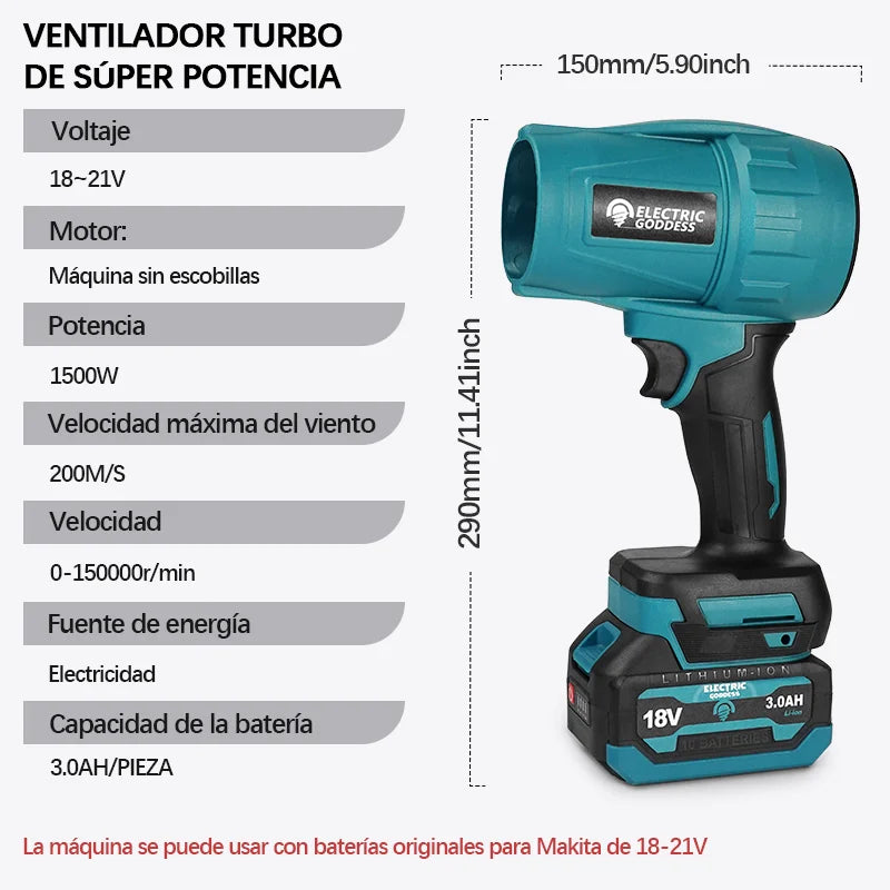 Makita – ventilateur d'air puissant sans balais, 1500W, électrique sans fil, Mini souffleur d'air portatif, outil électrique pour broche de batterie 18V