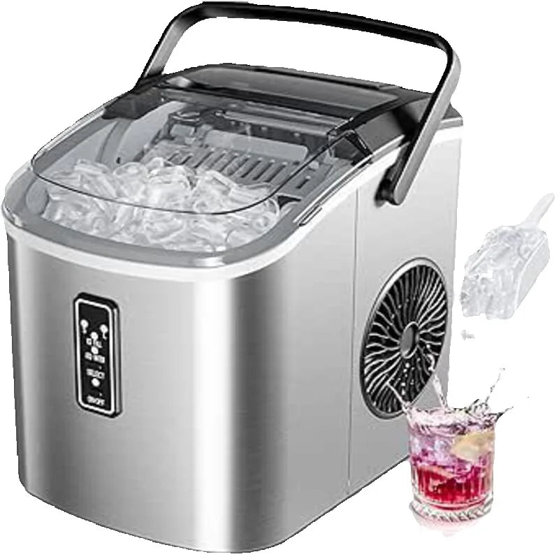 Petite machine à glaçons argentée, 9 dés en 6 min, 12kg/24H, 2 tailles de crème glacée et autonettoyante pour ménage/bar