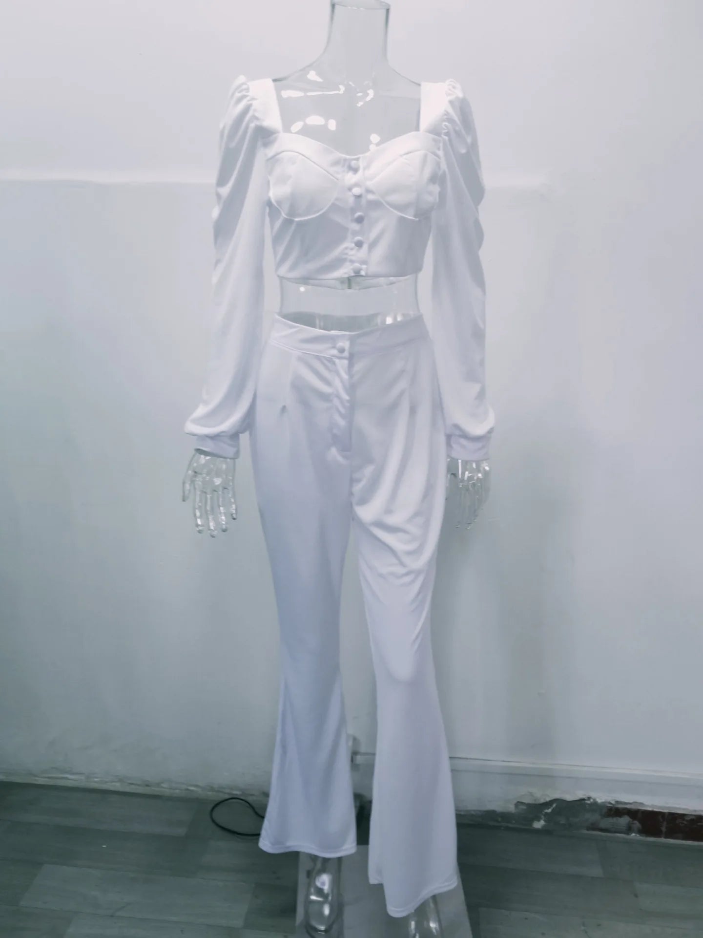 Ensemble haut et pantalon décontracté pour femmes, manches lanternes, manches courtes, épaules dénudées, Sexy, bas de cloche, nouvelle collection printemps automne 2024