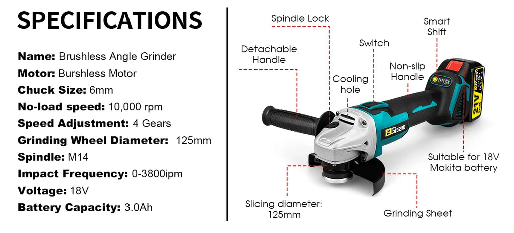 Gami 125mm 4 vitesses meuleuse d'angle sans brosse meulage sans fil polissage Machine de découpe outils électriques pour Makita 18V batterie broche