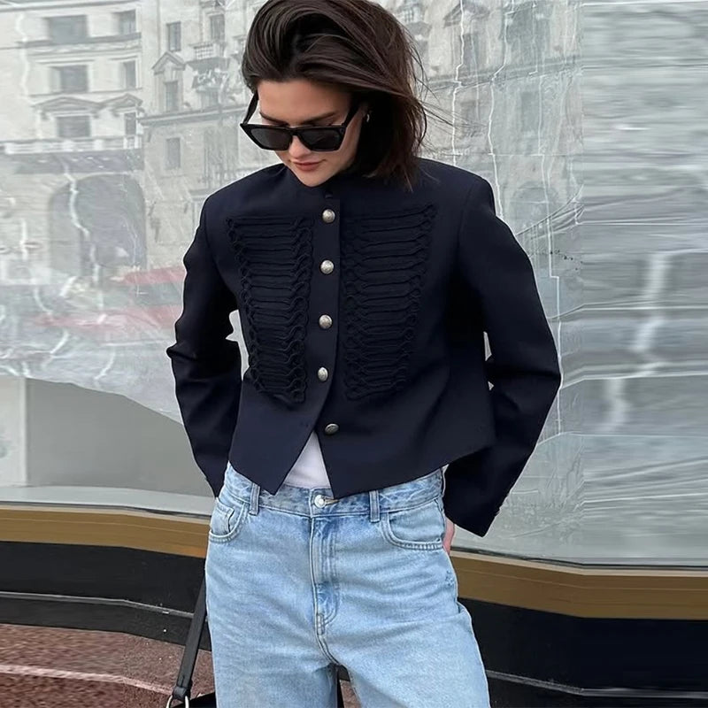 Veste élégante en Satin à boutons grenouille pour femme, col montant, manches longues, Slim, décontractée, manteau de fête de rue, hauts de bureau, printemps 2026