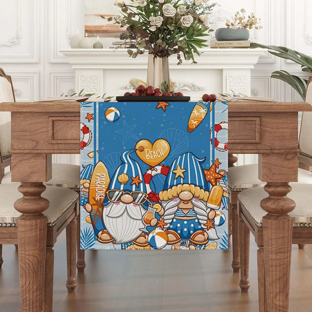 Chemins de table en lin de plage bleu, gnome d'été, piscine de plage hawaïenne, décor de fête côtière, décor de table de mariage de vacances, printemps et été