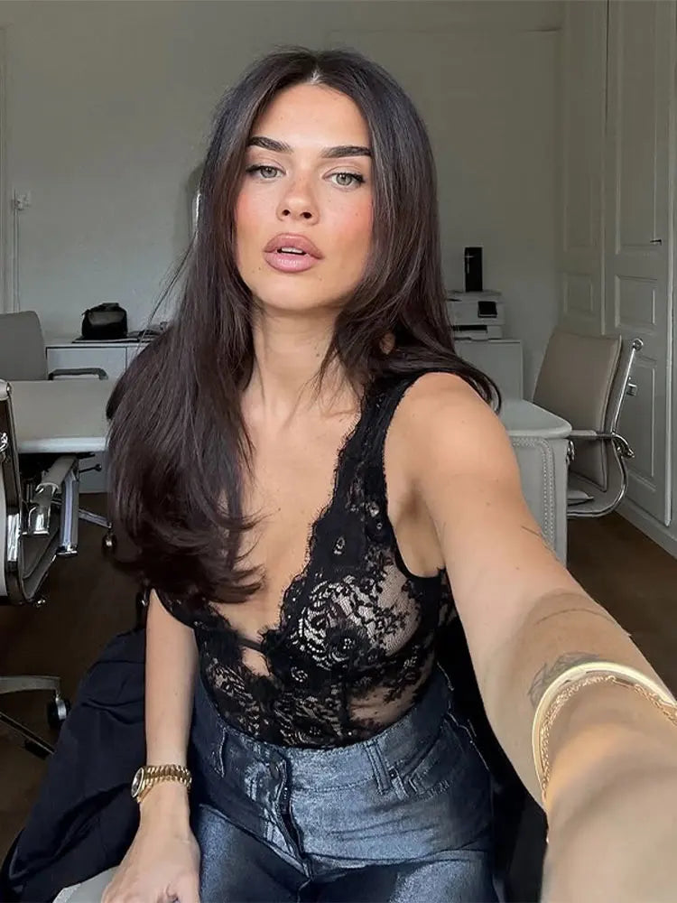 Body en dentelle patchwork ajouré transparent pour femme, décolleté plongeant, tenue de soirée sexy printemps, clubwear pour femmes