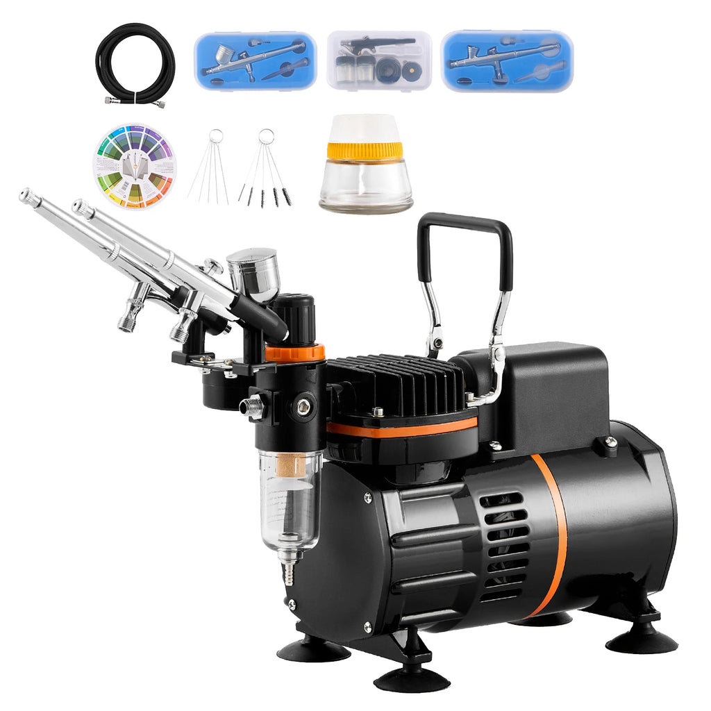 SucceBuy Kit d'aérographe, compresseur d'air à double ventilateur Kit de système d'aérographe professionnel aérographes ensemble de brosses de nettoyage de roue de mélange