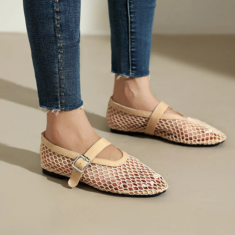 LeShion de Chanmeb marque maille Net ballerines chaussures pour femmes sangle boucle respirant Cool printemps été INS ballerine chaussures 43