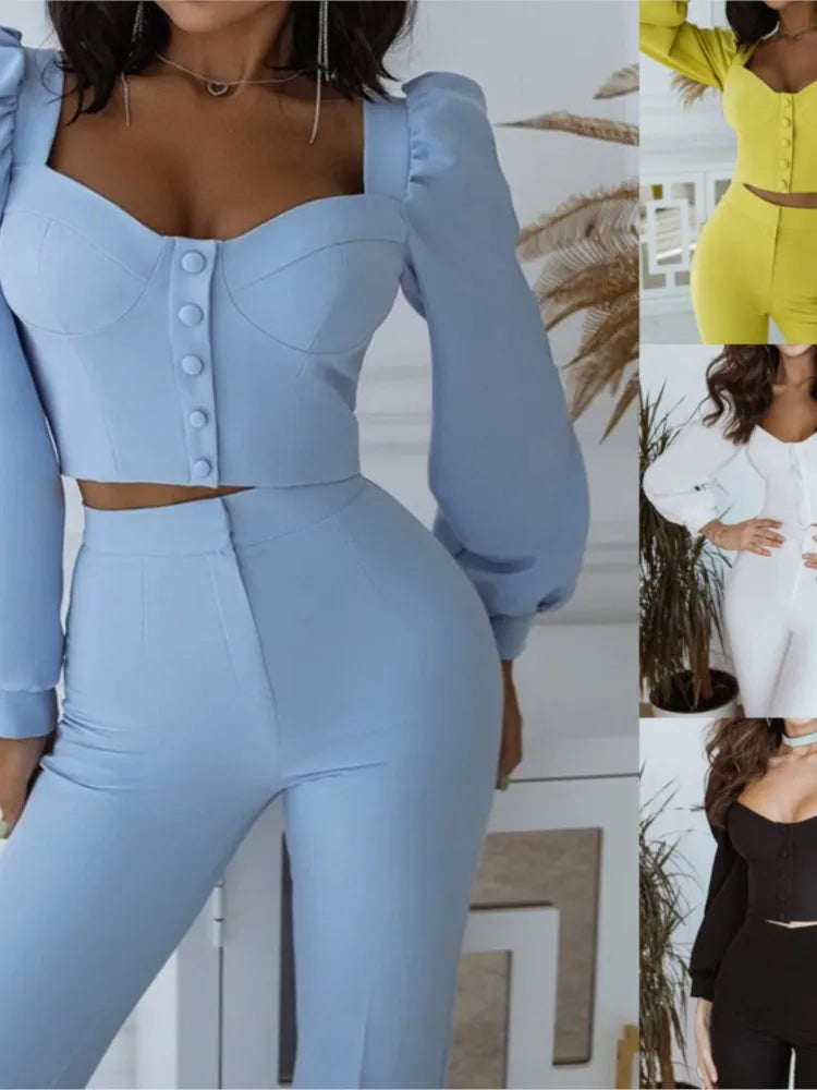 Ensemble haut et pantalon décontracté pour femmes, manches lanternes, manches courtes, épaules dénudées, Sexy, bas de cloche, nouvelle collection printemps automne 2024