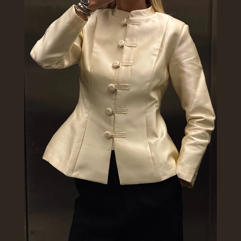 Veste élégante en Satin à boutons grenouille pour femme, col montant, manches longues, Slim, décontractée, manteau de fête de rue, hauts de bureau, printemps 2026