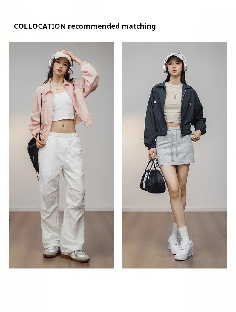 Maden Veste à col de baseball vintage pour femme, courte et décontractée, printemps-automne, légère, tenue quotidienne, rose
