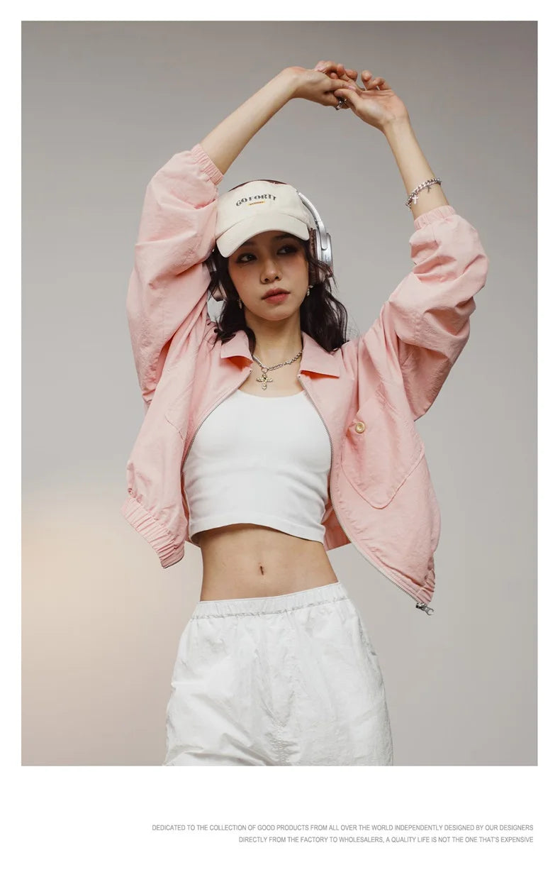 Maden Veste à col de baseball vintage pour femme, courte et décontractée, printemps-automne, légère, tenue quotidienne, rose