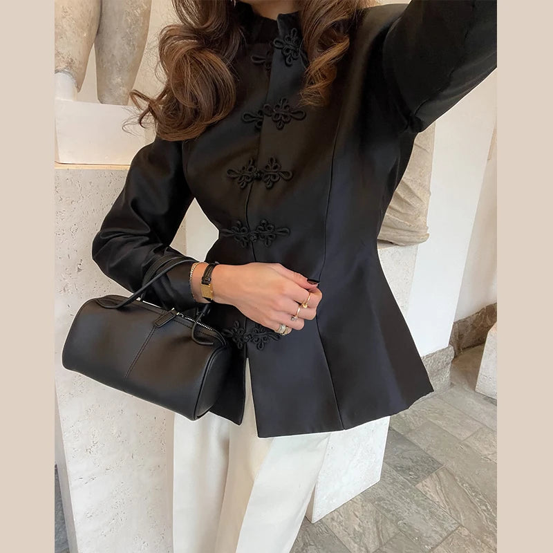 Veste élégante en Satin à boutons grenouille pour femme, col montant, manches longues, Slim, décontractée, manteau de fête de rue, hauts de bureau, printemps 2026