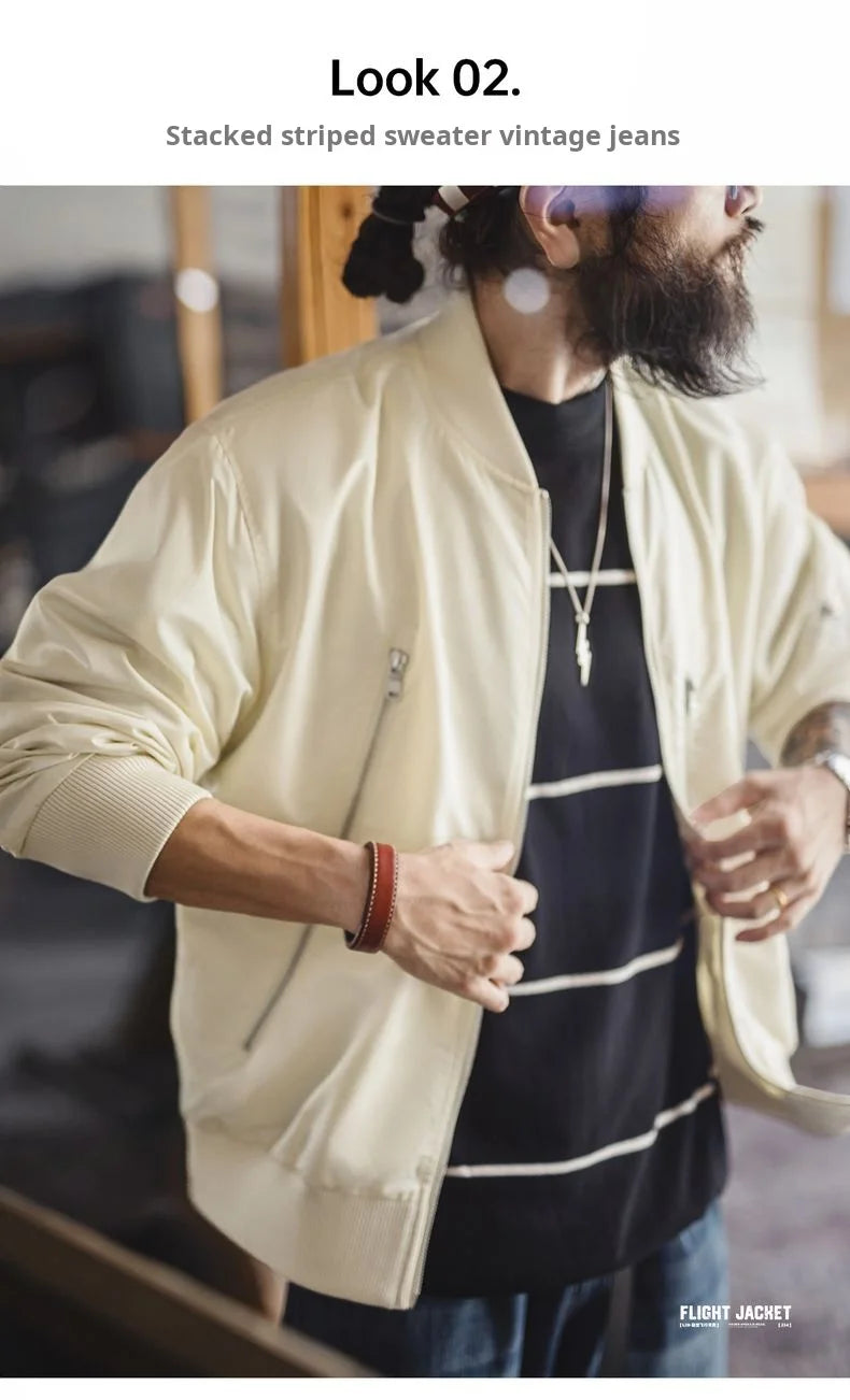 Maden – veste de pilote Vintage L2B pour hommes, blanche, légère, bombardier de vol, courte, fermeture éclair, manteau de Baseball décontracté pour printemps et automne
