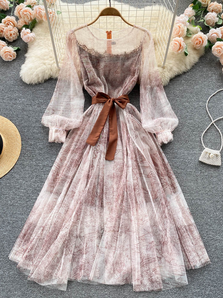 Robe en Maille Élégante pour Femme, Vintage, Manches Lanternes, Imprimée, Soirée, Patchwork, Ligne A, Bandage, Plage, Printemps Été