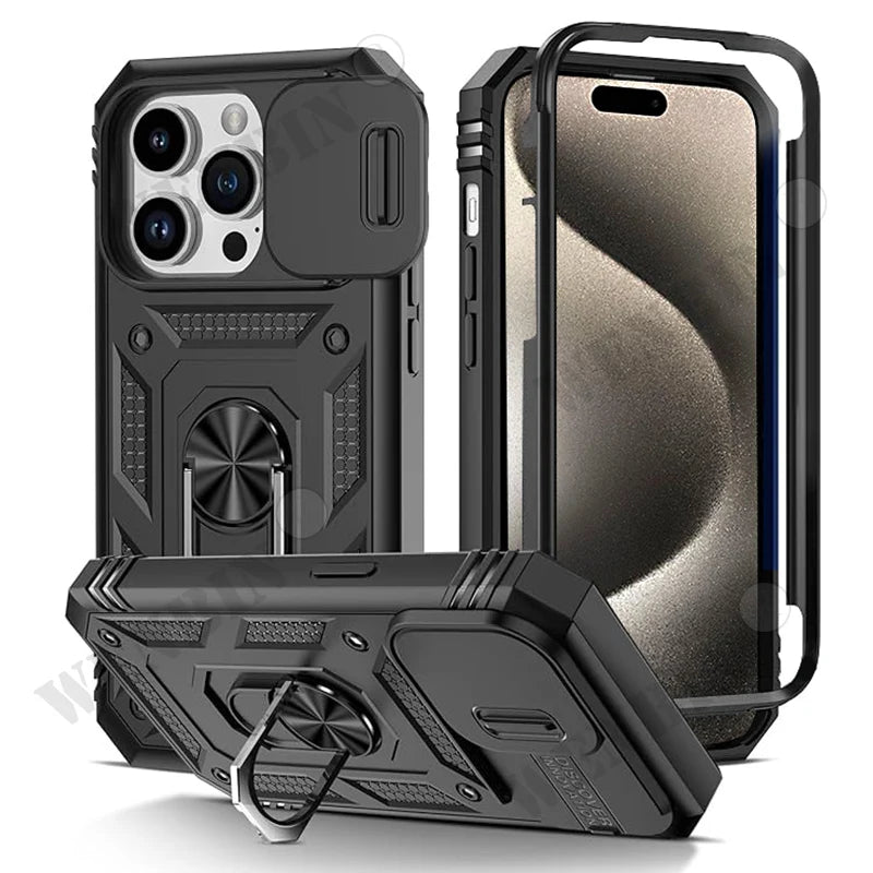 Coque pour iPhone 17 16 16e 15 14 13 12 11 Pro Max Plus Mini XS XR 8 Plus 8 7 SE robuste avec caméra, housse de béquille à 360 degrés