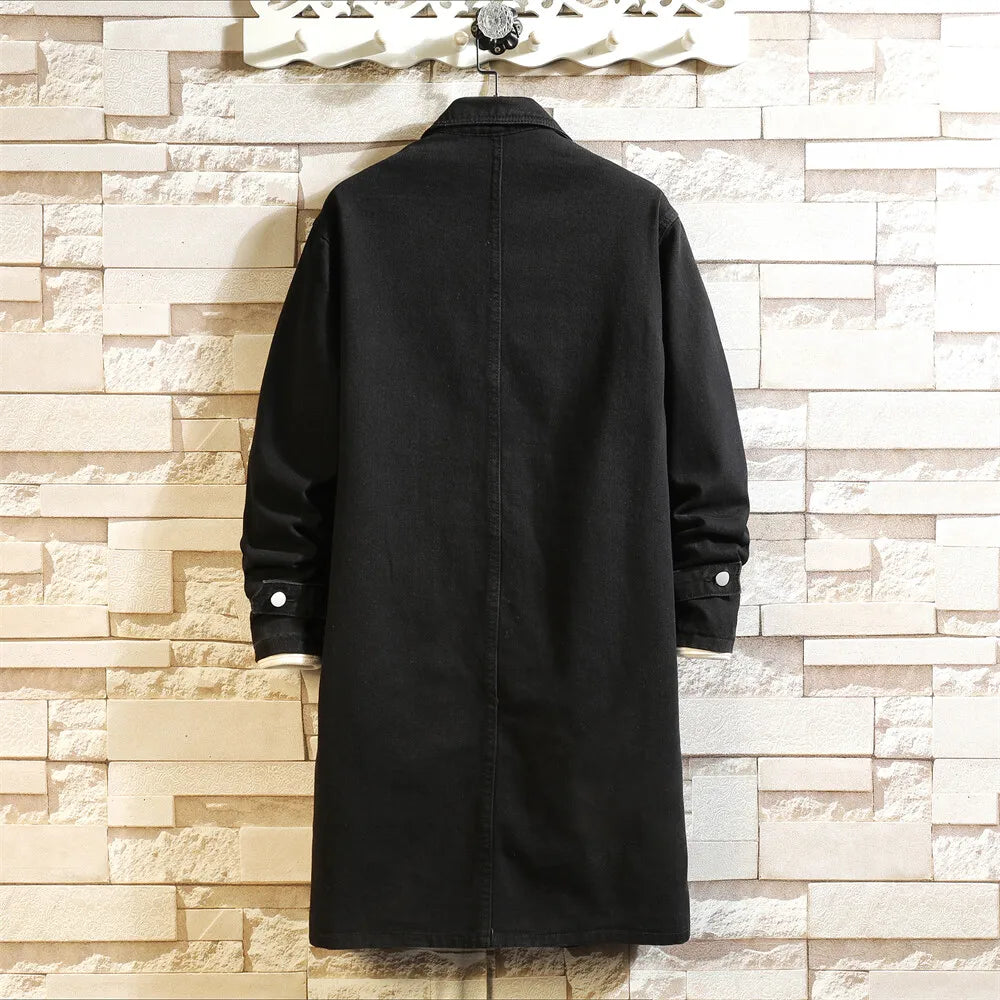 Nouveau printemps automne mode Denim Trench hommes coupe-vent décontracté manteau couleur unie Long hommes col rabattu vestes d'extérieur homme