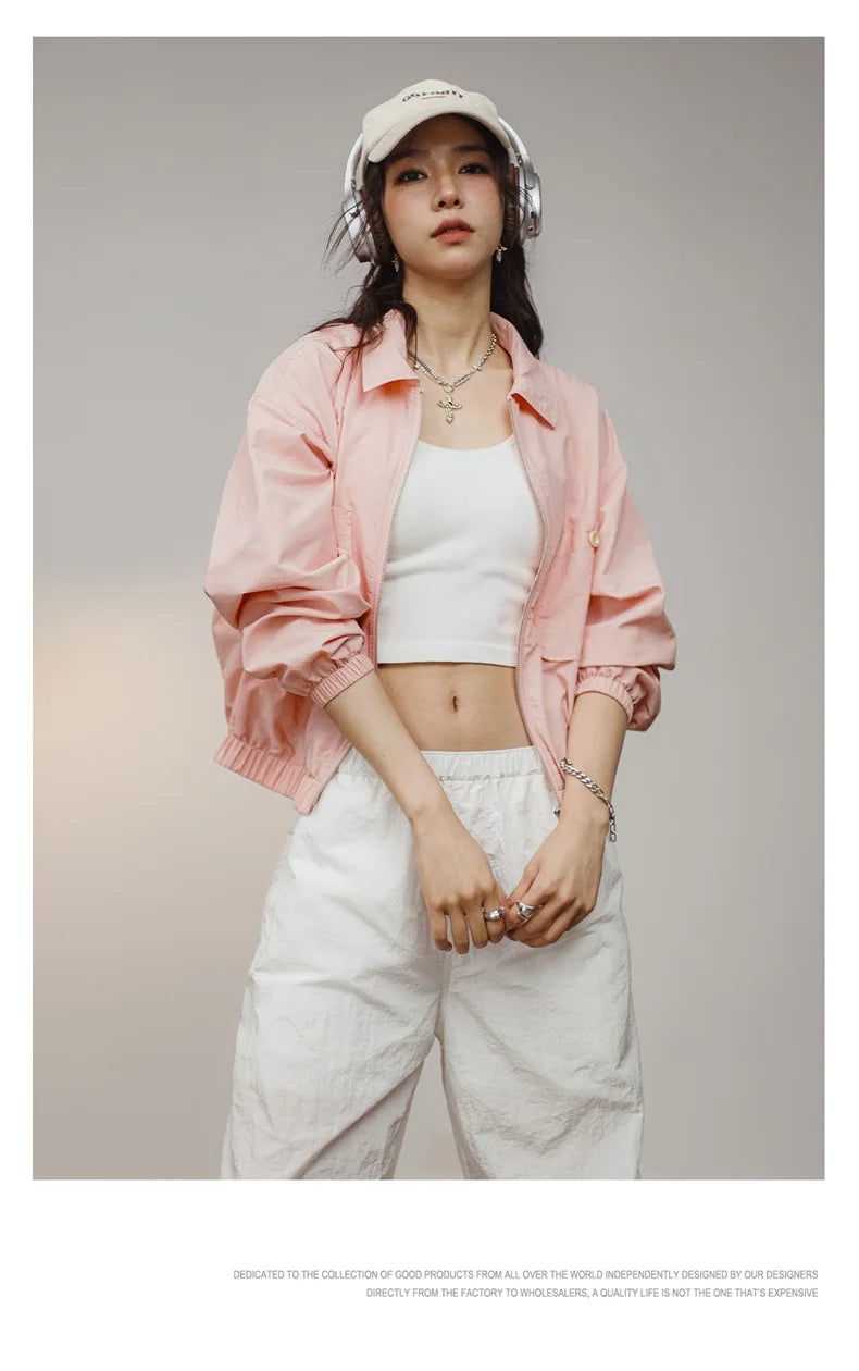 Maden Veste à col de baseball vintage pour femme, courte et décontractée, printemps-automne, légère, tenue quotidienne, rose