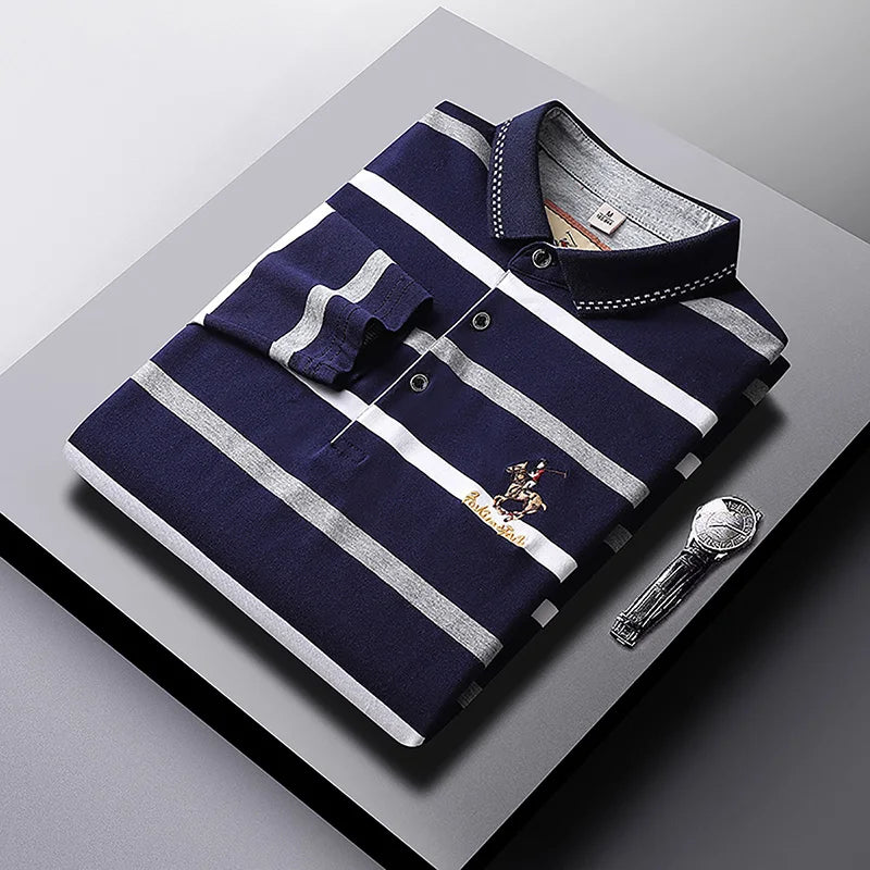 Polo à manches longues brodé en coton pour hommes, t-shirt à rayures, mode décontractée, t-shirt d'affaires, printemps, automne