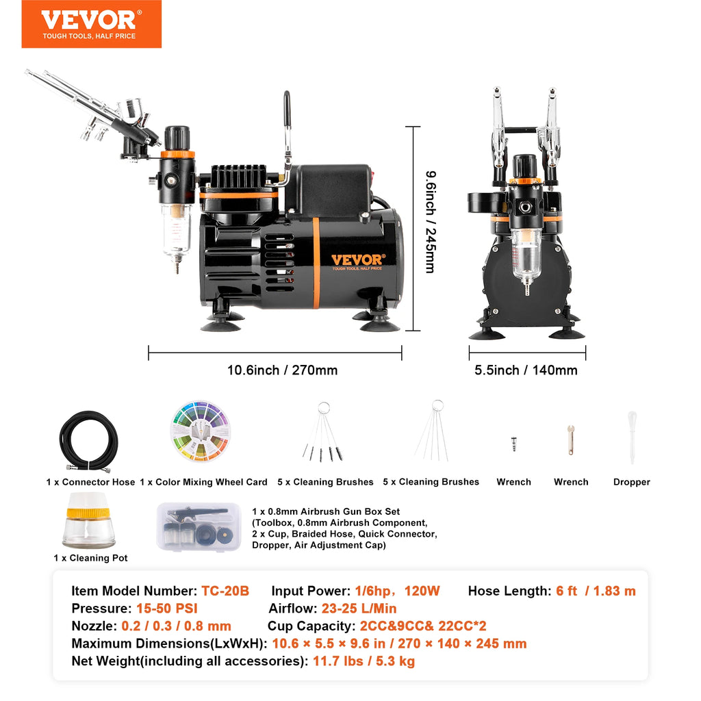 SucceBuy Kit d'aérographe, compresseur d'air à double ventilateur Kit de système d'aérographe professionnel aérographes ensemble de brosses de nettoyage de roue de mélange