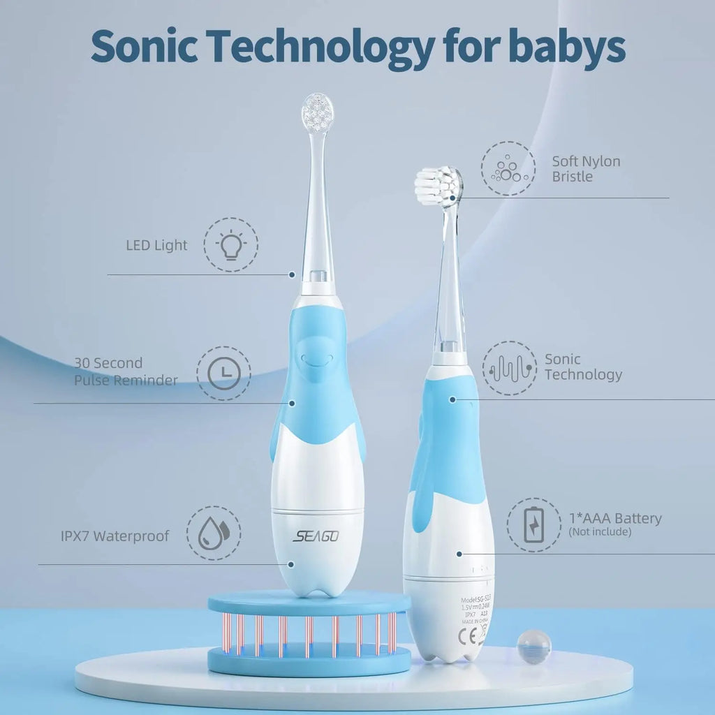 SEAGO Brosses à dents électriques pour bébés âgés de 0 à 3 ans Brosse à dents pour bébé avec minuterie intelligente Brosse douce pour bébé avec 8 recharges