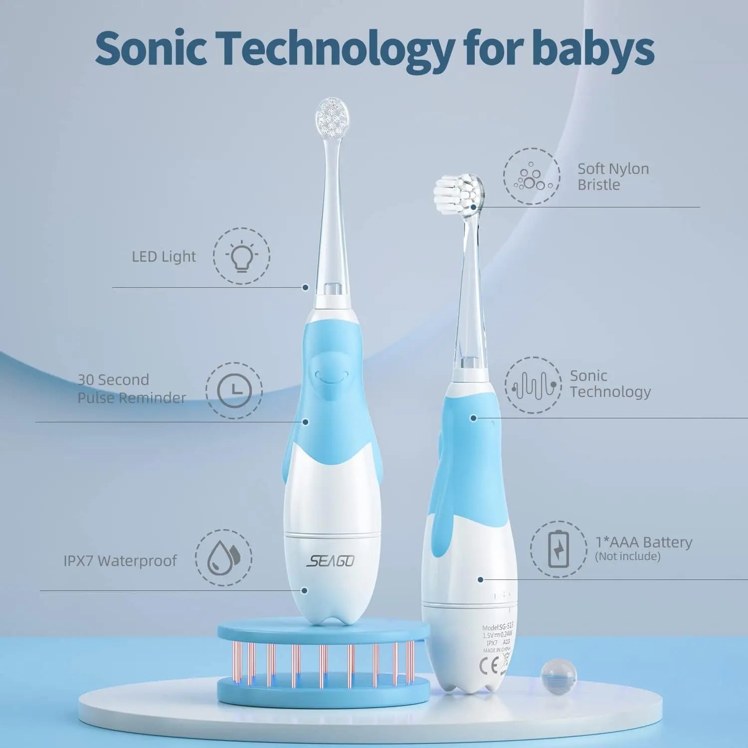 SEAGO Brosses à dents électriques pour bébés âgés de 0 à 3 ans Brosse à dents pour bébé avec minuterie intelligente Brosse douce pour bébé avec 8 recharges