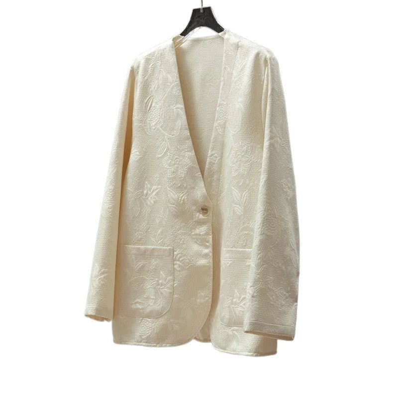 2025 femmes mode printemps nouveau Style Texture entrelacée couronne crêpe col en v à manches longues ample lait blanc manteau costume