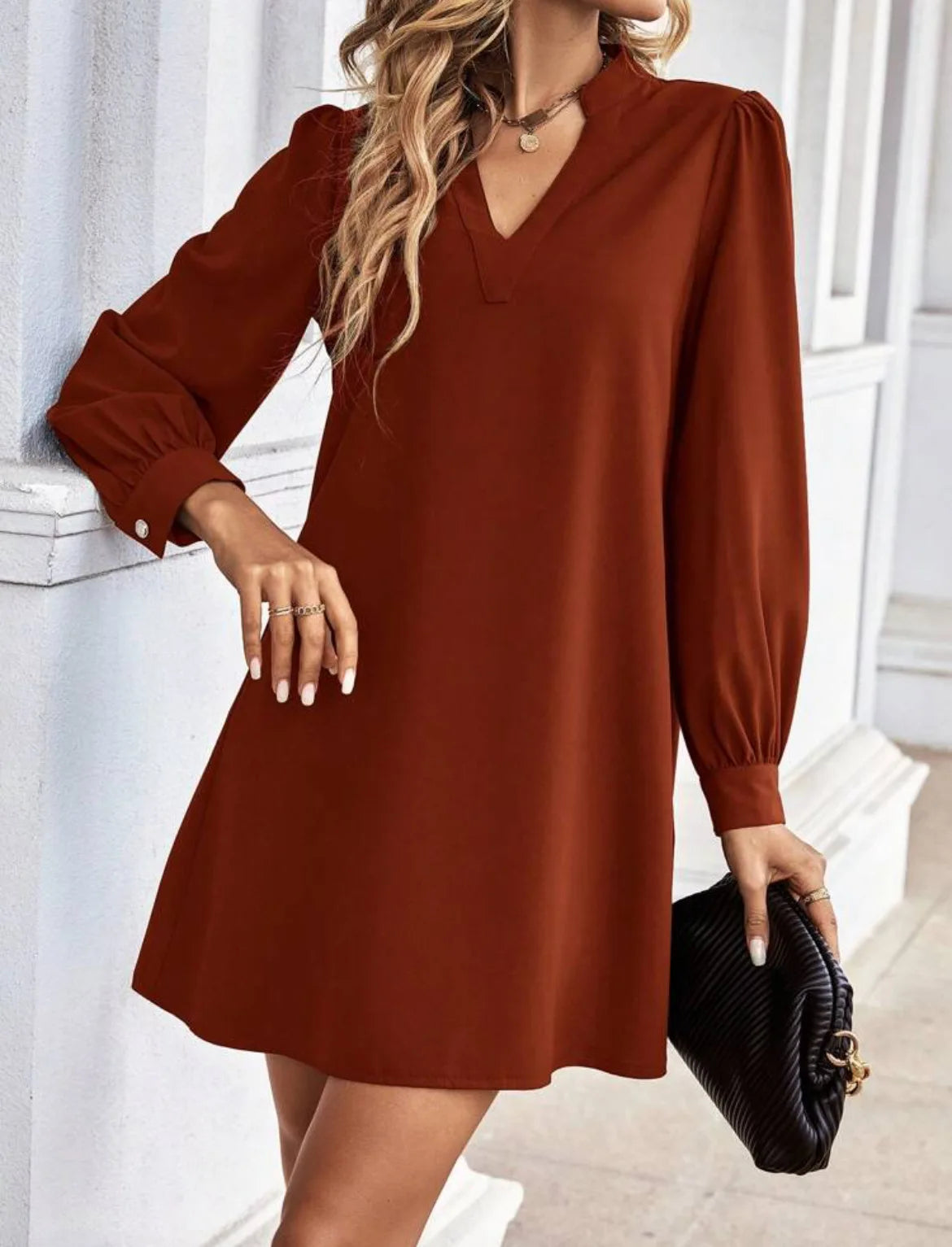 Bureau dame chemise Style robes femmes col en v à manches longues Mini robe printemps automne couleur unie vêtements de travail