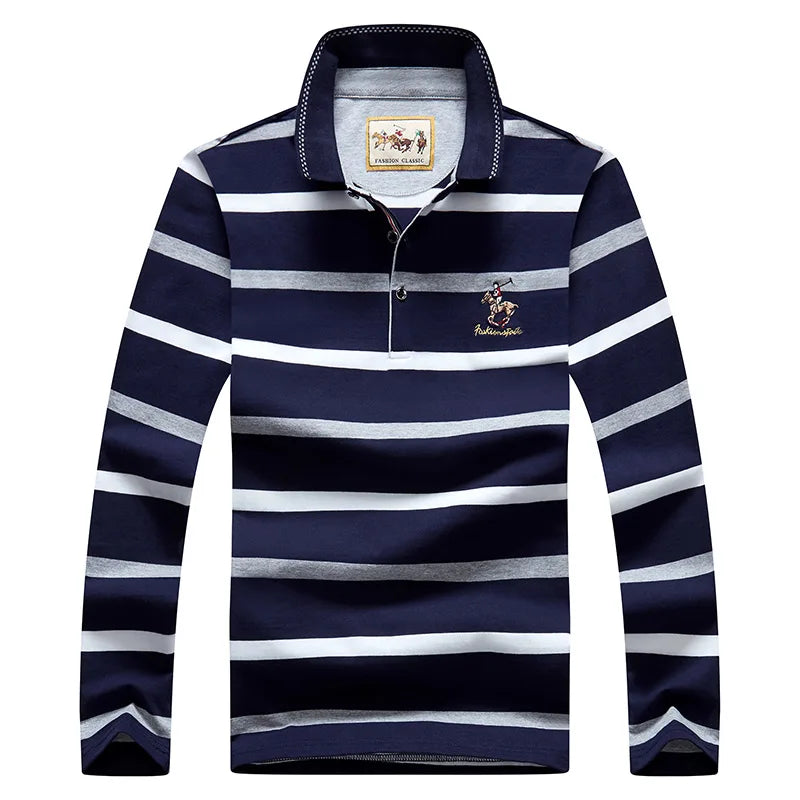 Polo à manches longues brodé en coton pour hommes, t-shirt à rayures, mode décontractée, t-shirt d'affaires, printemps, automne