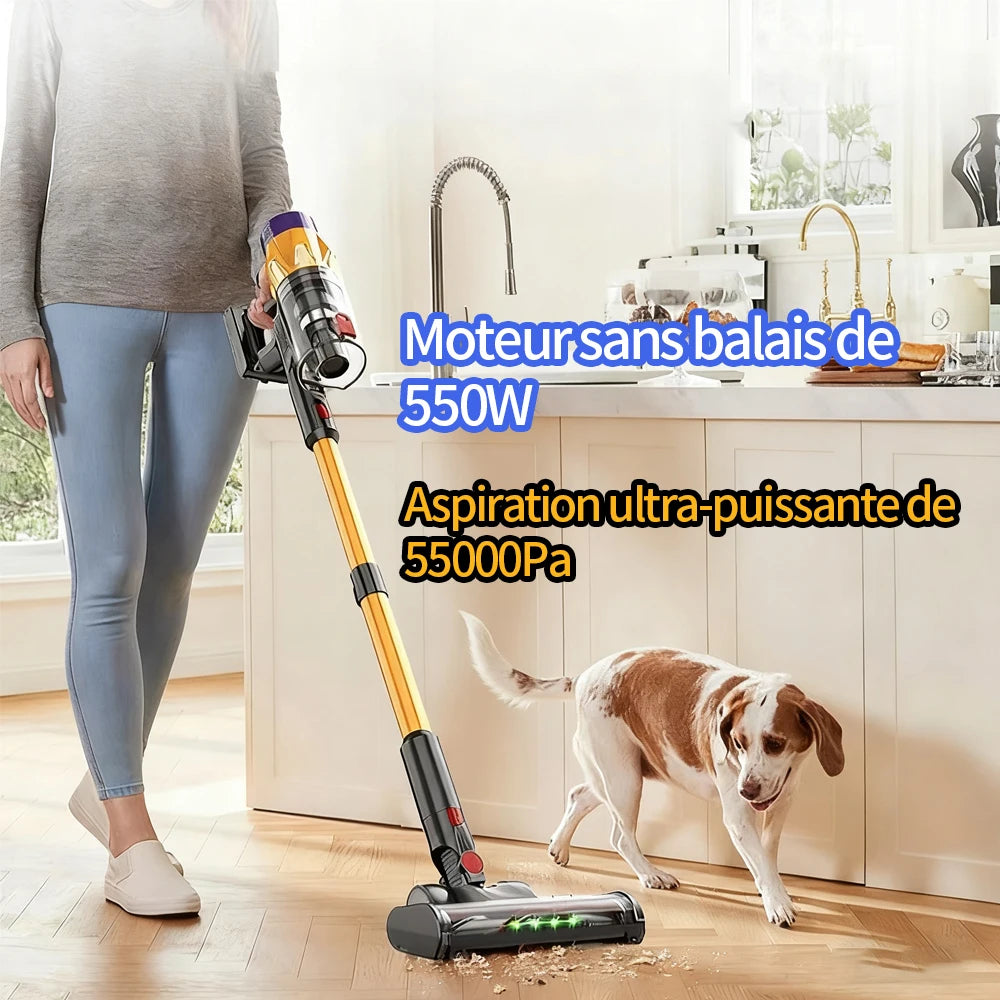 Aspirateur sans fil 550W, moteur sans balais, aspiration 55K PA, aspirateur Vertical, tasse à poussière pour maison intelligente, 3 têtes de brosse
