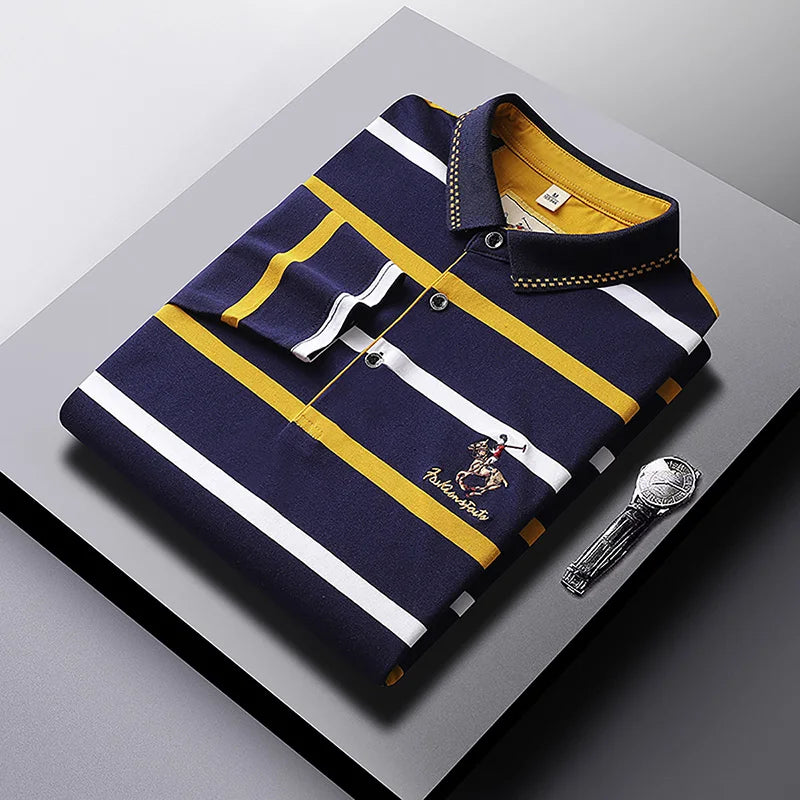 Polo à manches longues brodé en coton pour hommes, t-shirt à rayures, mode décontractée, t-shirt d'affaires, printemps, automne