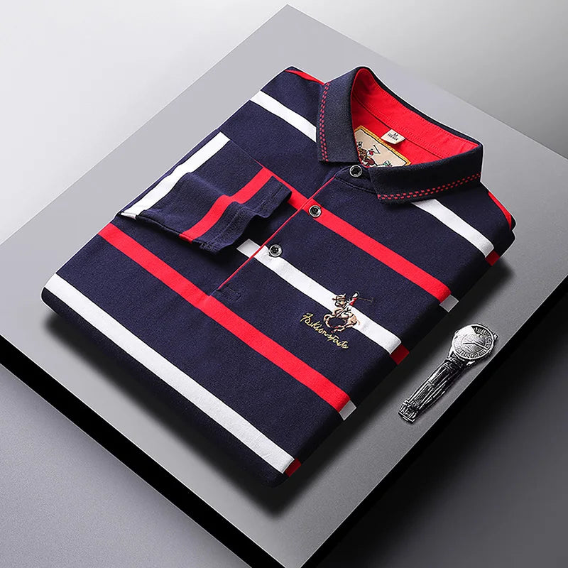 Polo à manches longues brodé en coton pour hommes, t-shirt à rayures, mode décontractée, t-shirt d'affaires, printemps, automne