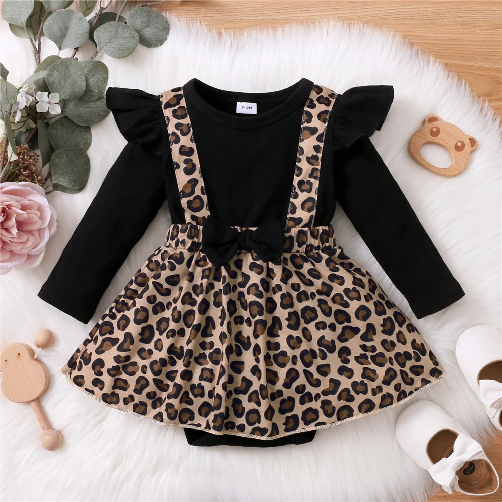 Robe barboteuse à manches longues pour bébé fille, robes léopard avec nœud, vêtements Onesie pour nouveau-né, printemps et automne, 0-18 mois
