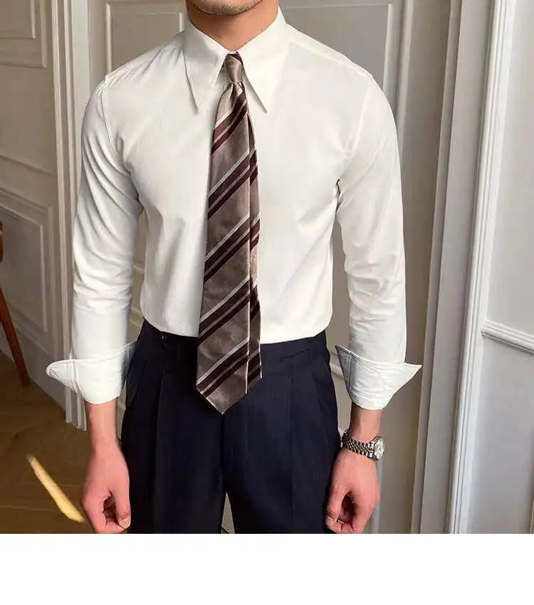 Printemps loisirs britannique affaires chemise Design britannique hommes col Cuba mince solide chemise blanche Camisa Social Masculina hommes chemise