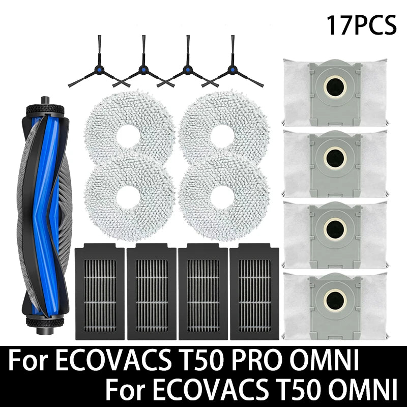 Accessoires pour ECOVACS T50 PRO OMNI / T50 OMNI : brosses latérales principales, chiffons de nettoyage, filtres HEPA, sacs à poussière, pièces détachées pour robot aspirateur