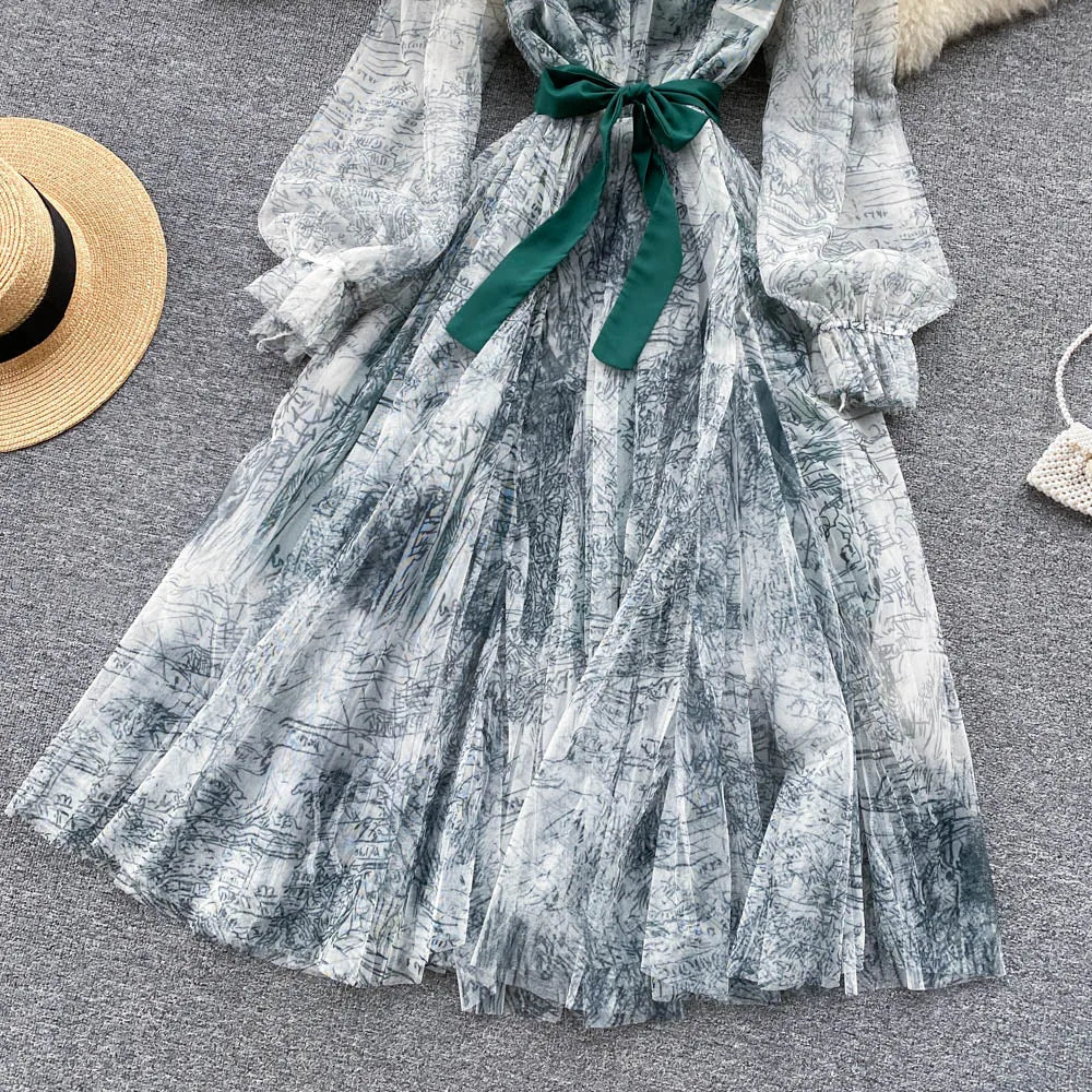 Robe en Maille Élégante pour Femme, Vintage, Manches Lanternes, Imprimée, Soirée, Patchwork, Ligne A, Bandage, Plage, Printemps Été