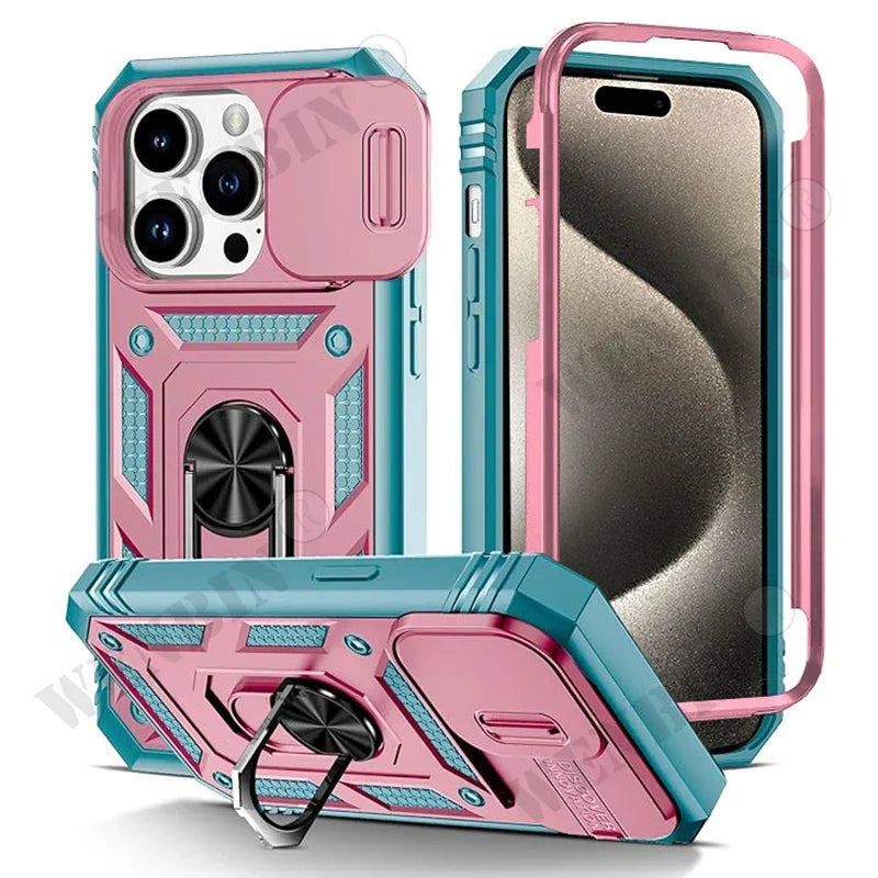 Coque pour iPhone 17 16 16e 15 14 13 12 11 Pro Max Plus Mini XS XR 8 Plus 8 7 SE robuste avec caméra, housse de béquille à 360 degrés