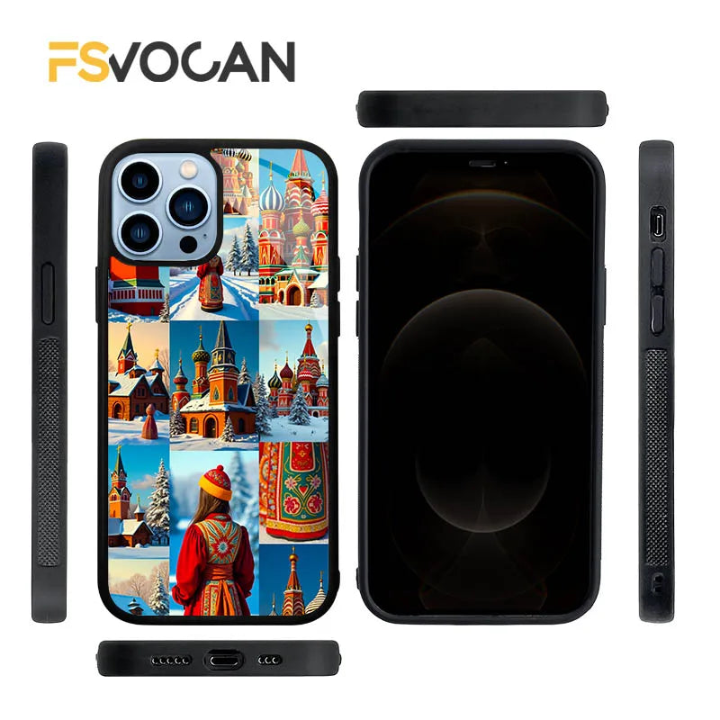 Allure russe pour iPhone 17 16 15 14 13 12 11 18 Pro Max, un ours ludique, dôme orné et poupées Matryoshka en fusion artistique