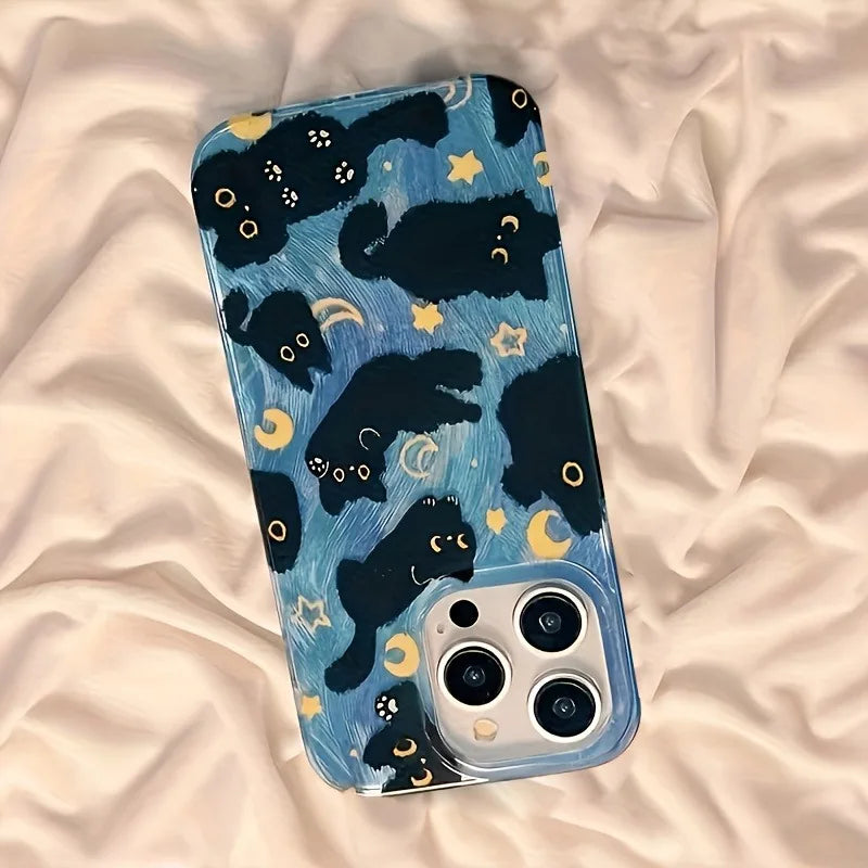 Coque de téléphone pour iPhone 17 Pro Max 16E 16 15 14 13 12 11 XS X XR 7 8 Plus SE2 Air Moon Stars et chats noirs, housse en Silicone
