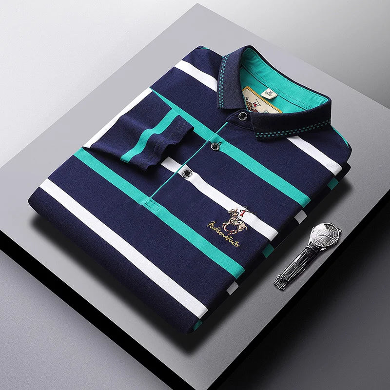 Polo à manches longues brodé en coton pour hommes, t-shirt à rayures, mode décontractée, t-shirt d'affaires, printemps, automne