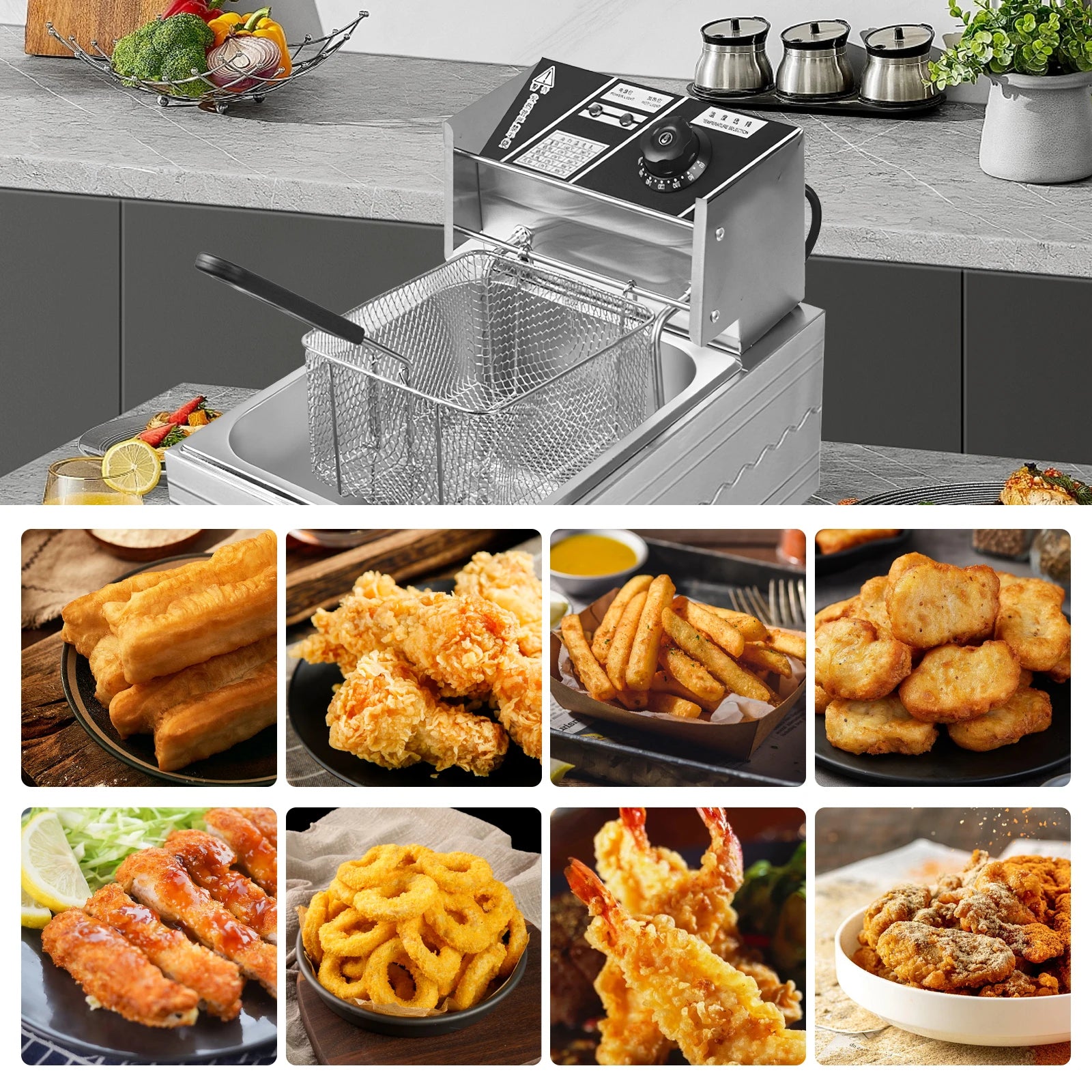 Friteuse électrique 6L en acier inoxydable avec panier pour poulet frit et frites, avec contrôle du temps et de la température