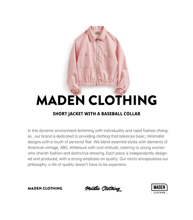 Maden Veste à col de baseball vintage pour femme, courte et décontractée, printemps-automne, légère, tenue quotidienne, rose