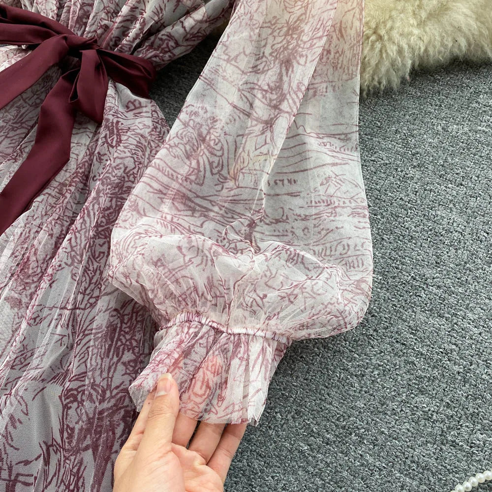 Robe en Maille Élégante pour Femme, Vintage, Manches Lanternes, Imprimée, Soirée, Patchwork, Ligne A, Bandage, Plage, Printemps Été