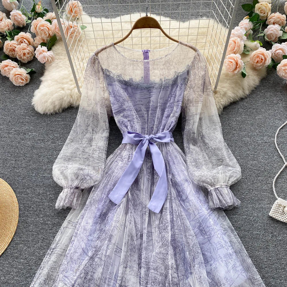 Robe en Maille Élégante pour Femme, Vintage, Manches Lanternes, Imprimée, Soirée, Patchwork, Ligne A, Bandage, Plage, Printemps Été