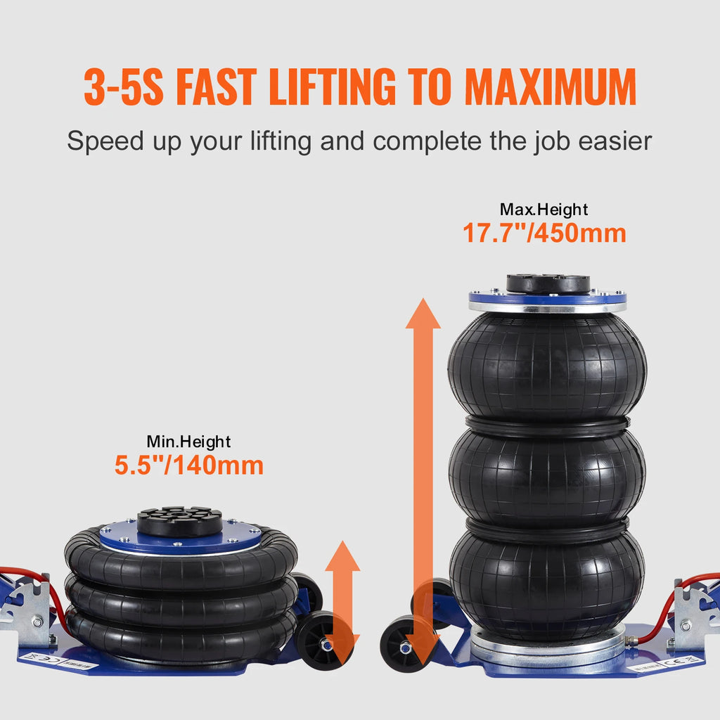 SucceBuy Cric pneumatique 3 tonnes/5 tonnes Triple sac Cric pneumatique Ascenseur rapide Crics de réparation de voiture robustes Crics à tige pliante avec deux roues
