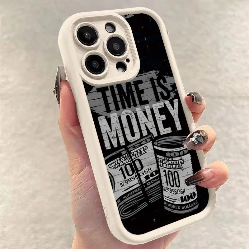 Coque de téléphone pour iPhone 17 16 15 14 12 11 13 Pro Max l'heure est l'argent couverture souple imprimée pour iPhone 17 Air 16E 7 8 Plus X XS