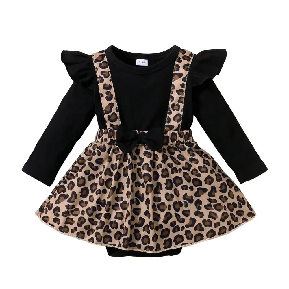 Robe barboteuse à manches longues pour bébé fille, robes léopard avec nœud, vêtements Onesie pour nouveau-né, printemps et automne, 0-18 mois